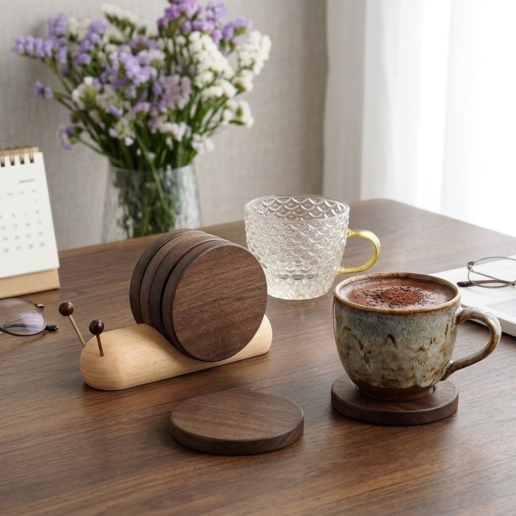 Premium Snail-Shaped Magnetic Wooden Coaster Set