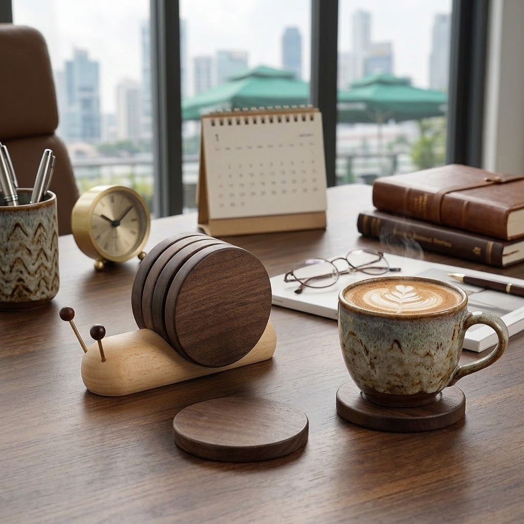Premium Snail-Shaped Magnetic Wooden Coaster Set