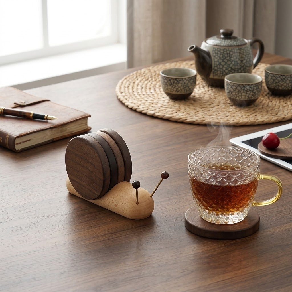 Premium Snail-Shaped Magnetic Wooden Coaster Set
